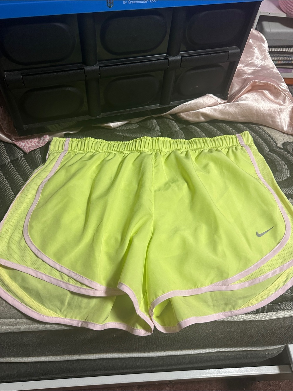 Nike Women's Neon Yellow Athletic Shorts with Pale Pink Trim